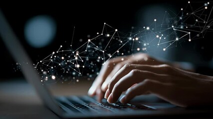 Hands Coding on Laptop with Digital Transformation Network Overlay