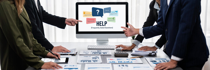 Poster - panorama shot analyst team utilizing bi fintech to analyze financial report with laptop. businesspeo