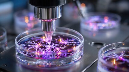 Poster - In a bright laboratory, a microscope is examining colorful bioluminescent reactions in petri dishes. The process showcases vibrant purple and blue patterns, captivating researchers' attention.