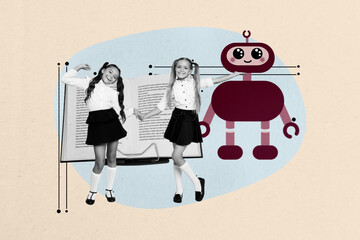 Poster - Banner full art image poster collage of two happy classmates girl stand robot ai app open book literature subject preparation