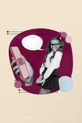 Poster - Contemporary artwork collage of happy small schoolgirl stand hand hold phone device artificial intelligence app digital courses
