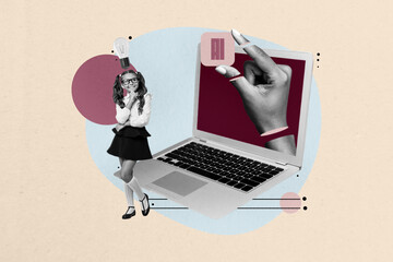 Poster - Exclusive image full photo collage of happy schoolgirl stand laptop device hand hold artificial intelligence futuristic innovation