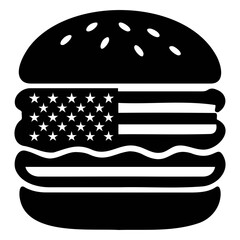 Poster - A stylized black and white burger silhouette with american flag filling and sesame seed bun top
