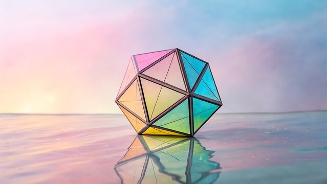 Ai generated image of colorful icosahedron reflects on iridescent surface against pastel sky