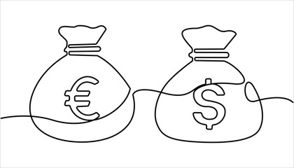 Poster - 
Dollar money bag continuous one line drawing illustration. Dollar bag continuous line drawing. Dollar linear symbol. Moneybag with cash and coins in simple linear style. Savings money concept. 