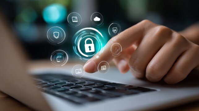 Digital Security Online Protection Laptop Data Privacy Secure Hand Touching Screen Interface Technology Network Safety Modern Technology Digital World Safeguard Internet Privacy System Protection     