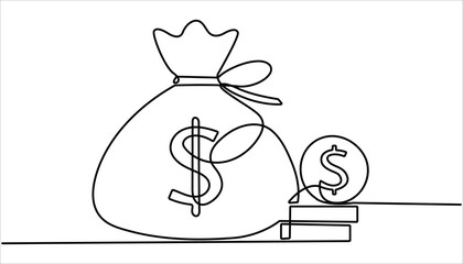 Poster - 
Dollar money bag continuous one line drawing illustration. Dollar bag continuous line drawing. Dollar linear symbol. Moneybag with cash and coins in simple linear style. Savings money concept. 