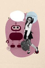 Poster - Vertical pop poster banner collage of happy small schoolgirl hold rucksack stand artificial intellect robot bubble prompt