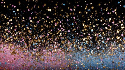 Poster - A dazzling array of glitter particles in gold, pink, and blue fills the space, creating a vibrant atmosphere perfect for parties and celebrations under the night sky.