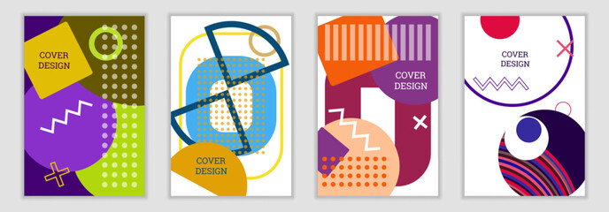 Poster - Bright background in Memphis style. Set of geometric cover designs. Fashionable bright cover, banner, poster, booklet. Bright colors. Vector