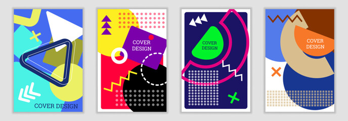 Poster - Bright background in Memphis style. Set of geometric cover designs. Fashionable bright cover, banner, poster, booklet. Bright colors. Vector