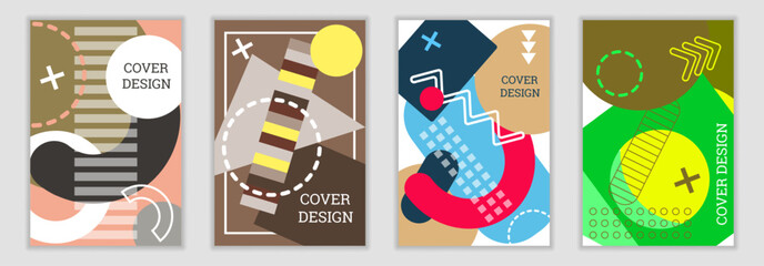 Poster - Bright background in Memphis style. Set of geometric cover designs. Fashionable bright cover, banner, poster, booklet. Bright colors. Vector