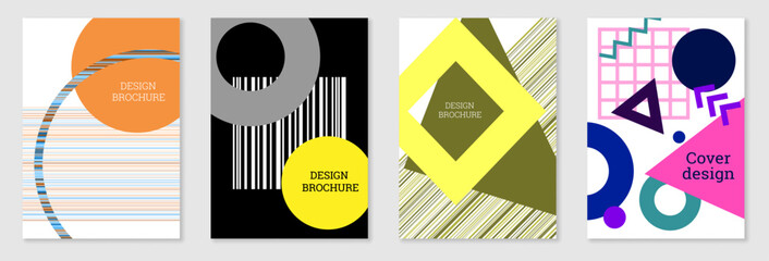 Poster - Bright background in Memphis style. Set of geometric cover designs. Fashionable bright cover, banner, poster, booklet. Bright colors. Vector