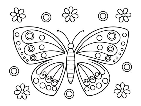 Butterflies and shapes, cute design with flowers, coloring sheet suitable for kids or adults