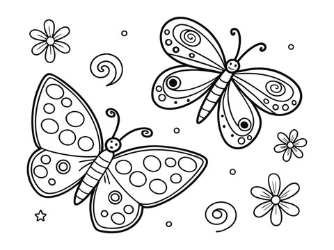 Butterflies and shapes, cute design with flowers, coloring sheet suitable for kids or adults
