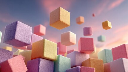 Poster - Pastel-colored cubes are suspended in the air, creating a whimsical effect as they contrast with a vibrant sunset sky. The scene evokes feelings of wonder and imagination.