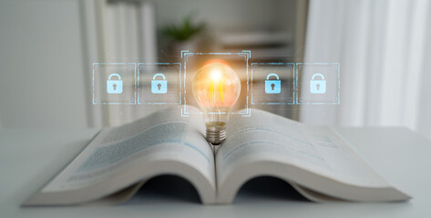 Poster - Digital security concept illustrating a cybersecurity breach, with a red unlocked padlock indicating data exposure among secure systems, emphasizing system vulnerability and risk Latch