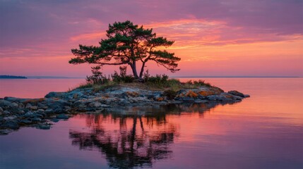 Wall Mural - A tranquil island showcases a single tree silhouetted against a vibrant sunset, reflecting beautifully on still waters. The colors of dusk create a peaceful atmosphere.