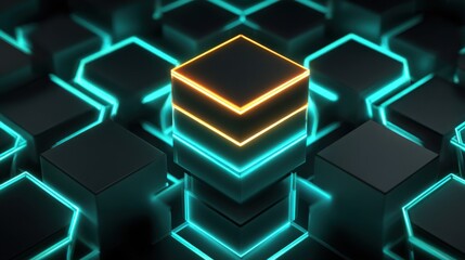 Poster - Glowing geometric shapes stack in a futuristic design, featuring bright lines illuminating dark blocks. The striking color contrast creates a captivating visual effect in a tech-inspired setting.