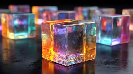 Poster - Multiple ice cubes with a rainbow of colors reflect light, creating an eye-catching arrangement on a dark surface. The scene showcases the interplay of light and texture.