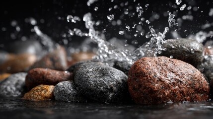 Poster - Gentle water splashes create ripples around smooth river stones, capturing the essence of nature's calmness. The contrast between the stones and the water enhances the peaceful atmosphere.
