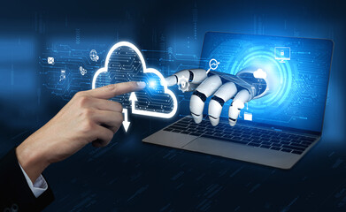 Poster - AI artificial intelligence optimizes cloud infrastructure with virtual assistants and intelligent automation, improving scalability, security, and digital business continuity. Vouch