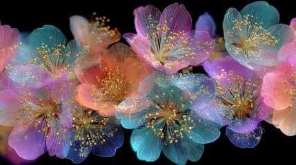 Poster - Delicate flowers in shades of pink, blue, and purple form a luminous pattern. Their vivid hues and intricate details create a captivating contrast with the dark backdrop.