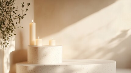 Poster - Elegant candle arrangement on minimalist pedestal in softly lit room with gentle shadows and plant accent