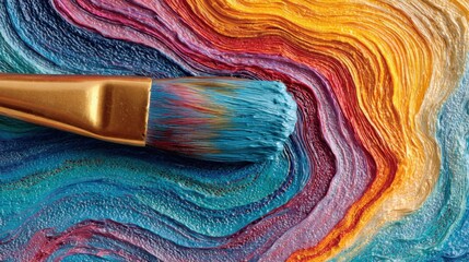 Poster - Swirls of vibrant colors create an abstract design as a paintbrush rests atop thick, textured layers of paint. Various hues blend together, showcasing artistic creativity.