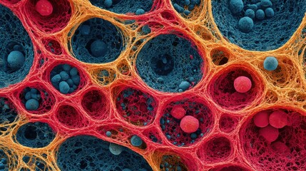 Poster - Vibrant cellular structures reveal a complex network of fibers with clusters of variously sized cells in shades of blue, red, and orange. This artistic portrayal highlights biological intricacies.