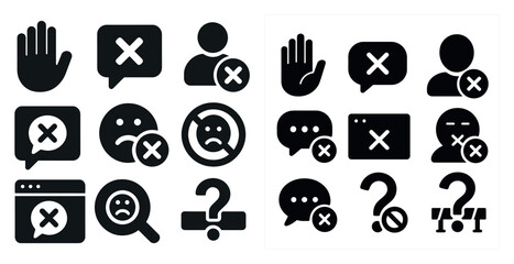 Poster - Set of black and white icons, including a hand, a face, and a question mark. The icons are all black and white, and they convey a sense of negativity or uncertainty. The hand icon is a thumbs down