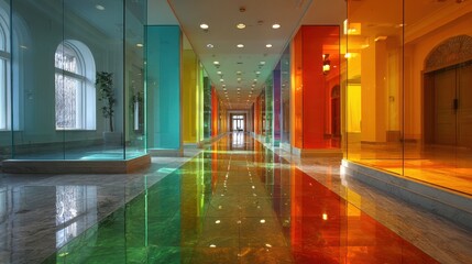 Poster - This vibrant hallway features glass walls of various colors, creating a striking visual effect and a reflective floor. Natural light floods the space, enhancing the artistic ambiance.