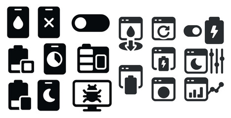 Poster - Collection of icons for various devices and functions. The icons are all black and white. Scene is serious and professional