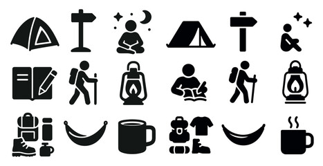 Fototapete - Collection of icons for camping and outdoor activities. The icons include a tent, a backpack, a book, a cup, a sleeping bag, a lantern, a backpack, a person sitting, a person standing