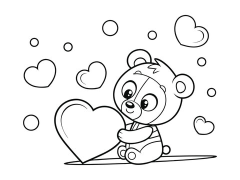 Easy coloring page, cute little bear holding a heart. Vector illustration of a Black and White bear smiley face isolated on a white background, for a children's coloring book.