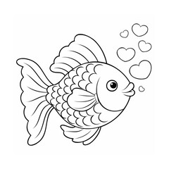 Poster - Handdrawn cartoon fish with heart bubbles for kids coloring pages outline animal