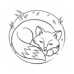 Poster - Handdrawn sleeping fox in a circle with grass elements outline on animal rest