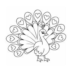 Poster - Handdrawn peacock with heart-shaped feathers a simple outline on a bird animal