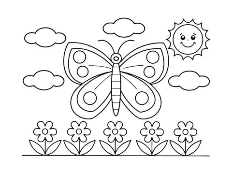 Easy coloring page with garden flowers and a big butterfly