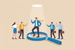 © gfxshakib2023 - Flat cartoon vector illustration of a business team with one person highlighted under a spotlight and magnified by a large magnifying glass isolated on transparent background