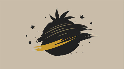 Poster - Abstract black sphere with yellow brushstroke elements and starry accents on beige