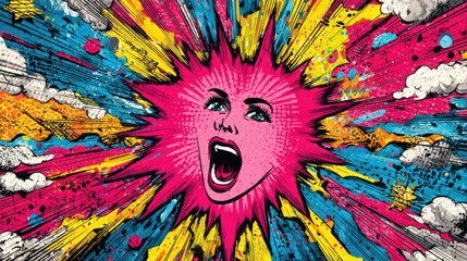 Poster - A striking pop art piece illustrates a woman with an open mouth, surrounded by vivid, explosive colors and dynamic patterns, capturing a sense of power and emotion.