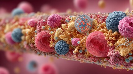 Poster - Colorful cellular components, including red and blue cells, populate the detailed textures of a microscope slide, showcasing a complex biological environment rich in activity.