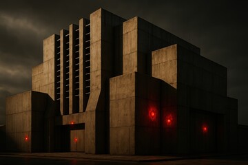 Aufkleber - A Stark Concrete Structure Illuminated by Red Lights Under a Dramatic Sky