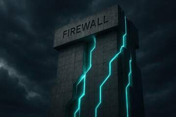 Poster - A towering concrete structure labeled 'FIREWALL' illuminated by glowing blue lines against a dramatic stormy sky.