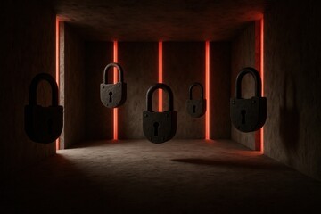 Aufkleber - A Dimly Lit Room with Floating Locks and Neon Accents