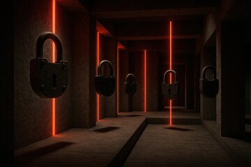 Aufkleber - A Mysterious Corridor with Floating Locks and Neon Lights