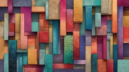 Poster - Colorful, textured wall art featuring geometric shapes creates a striking visual impact in a contemporary interior. Various hues blend harmoniously, adding depth to the setting.