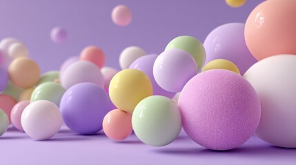 Poster - A variety of round spheres in pastel shades of pink, green, yellow, and purple are scattered artistically on a lavender surface, creating a cheerful and whimsical atmosphere.