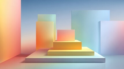 Poster - Soft pastel-colored geometric shapes arranged in layers create a calming minimalist design. The artwork emphasizes light, shadow, and balance in a contemporary setting.
